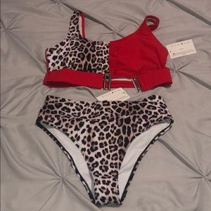 Womens swimsuit red animal print bikini highwaist